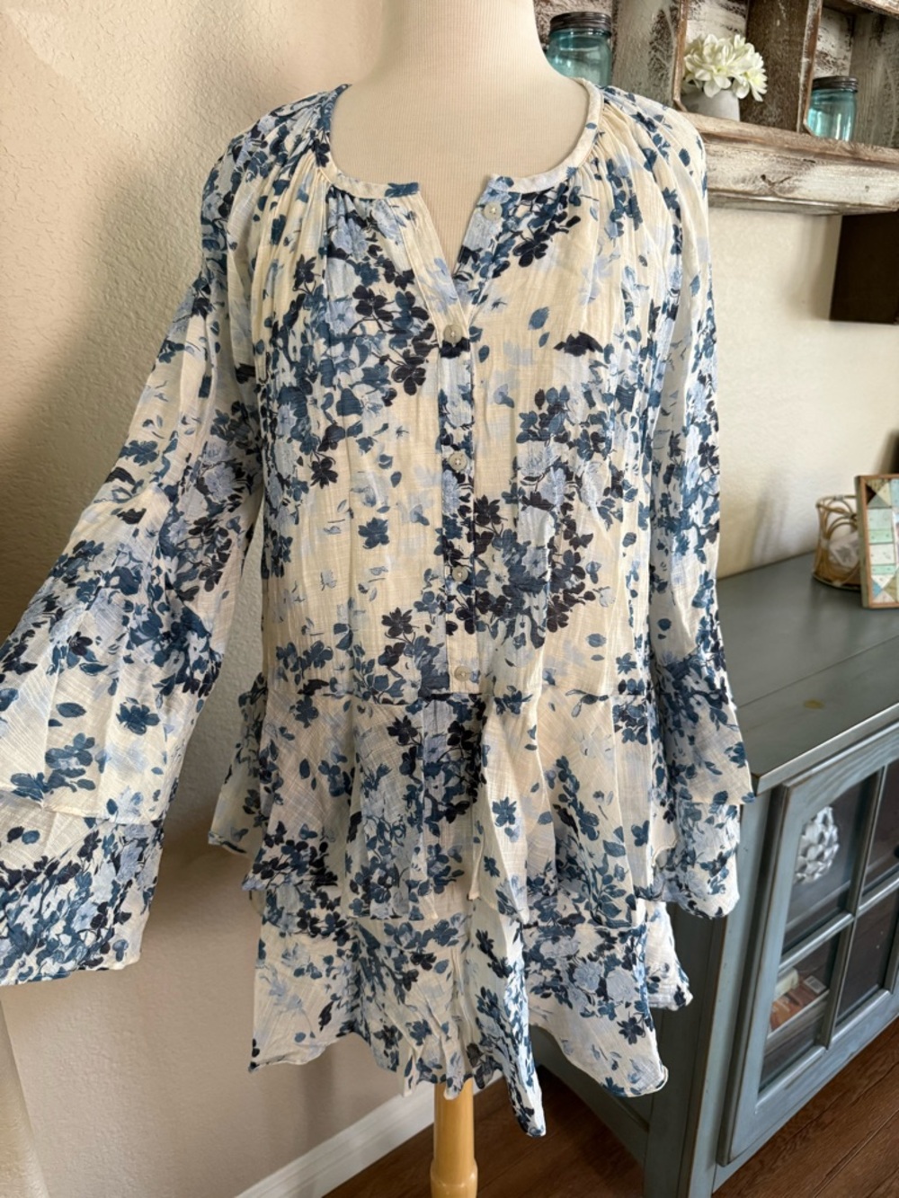 NWOT Maeve By Anthropologie Long-Sleeve V-Neck Mini Swing Dress Blue White Sz 2X - Picture 13 of 16